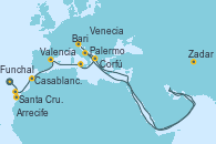 Visitando Funchal (Madeira), Santa Cruz de la Palma (España), Arrecife (Lanzarote/España), Santa Cruz de Tenerife (España), Casablanca (Marruecos), Valencia, Palermo (Italia), Corfú (Grecia), Bari (Italia), Zadar (Croacia), Venecia (Italia)