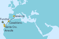 Visitando Funchal (Madeira), Santa Cruz de la Palma (España), Arrecife (Lanzarote/España), Santa Cruz de Tenerife (España), Casablanca (Marruecos), Valencia