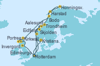 Visitando Rotterdam (Holanda), Aalesund (Noruega), Trondheim (Noruega), Honningsvag (Noruega), Harstad (Noruega), Bodo (Noruega), Kirkwall (Escocia), Portree (Reino Unido), Invergordon (Escocia), Edimburgo (Escocia), Rotterdam (Holanda), Eidfjord (Hardangerfjord/Noruega), Aalesund (Noruega), Skjolden (Noruega), Kristiansand (Noruega), Rotterdam (Holanda)