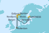 Visitando Rotterdam (Holanda), Eidfjord (Hardangerfjord/Noruega), SANDNESS (STAVANGER), Skjolden (Noruega), Rotterdam (Holanda), Nordfjordeid, Molde (Noruega), Geiranger (Noruega), Bergen (Noruega), Rotterdam (Holanda)