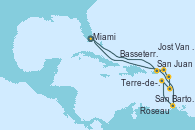 Visitando Miami (Florida/EEUU), San Juan (Puerto Rico), Prickly Pear (Antigua y Barbuda), San Bartolomé (Francia), Terre-de-Haut (Guadalupe), Roseau (Dominica), Basseterre (Antillas), Jost Van Dyke (Islas Virgenes), Miami (Florida/EEUU)