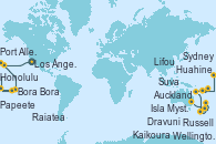 Visitando Los Ángeles (California), Honolulu (Hawai), Port Allen, Kauai, Hawaiian, Bora Bora (Polinesia), Huahine (Islas de la Sociedad), Papeete (Tahití), Raiatea (Polinesia Francesa), Suva (Fiyi), Dravuni (Fiji), Isla Mystery (Vanuatu), Lifou (Isla Loyalty/Nueva Caledonia), Russell (Nueva Zelanda), Auckland (Nueva Zelanda), Auckland (Nueva Zelanda), Wellington (Nueva Zelanda), Kaikoura (Nueva Zelanda), Akaroa (Nueva Zelanda), Port Chalmers (Nueva Zelanda), OBAN (HALFMOON BAY), Nelson (Nueva Zelanda), Sydney (Australia)