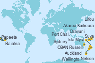 Visitando Papeete (Tahití), Raiatea (Polinesia Francesa), Suva (Fiyi), Dravuni (Fiji), Isla Mystery (Vanuatu), Lifou (Isla Loyalty/Nueva Caledonia), Russell (Nueva Zelanda), Auckland (Nueva Zelanda), Auckland (Nueva Zelanda), Wellington (Nueva Zelanda), Kaikoura (Nueva Zelanda), Akaroa (Nueva Zelanda), Port Chalmers (Nueva Zelanda), OBAN (HALFMOON BAY), Nelson (Nueva Zelanda), Sydney (Australia)