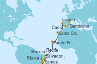 Visitando Santos (Brasil), Río de Janeiro (Brasil), Salvador de Bahía (Brasil), Maceió (Brasil), Recife (Brasil), Puerto Praia (Cabo Verde), Santa Cruz de Tenerife (España), Lisboa (Portugal), Cádiz (España), Barcelona