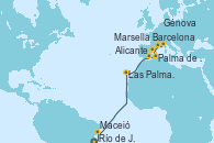 Visitando Río de Janeiro (Brasil), Maceió (Brasil), Las Palmas de Gran Canaria (España), Alicante (España), Palma de Mallorca (España), Barcelona, Marsella (Francia), Génova (Italia)