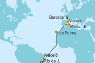 Visitando Río de Janeiro (Brasil), Maceió (Brasil), Las Palmas de Gran Canaria (España), Alicante (España), Palma de Mallorca (España), Barcelona