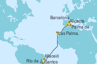 Visitando Santos (Brasil), Río de Janeiro (Brasil), Maceió (Brasil), Las Palmas de Gran Canaria (España), Alicante (España), Palma de Mallorca (España), Barcelona