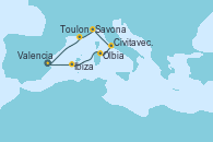 Visitando Valencia, Ibiza (España), Olbia (Cerdeña), Civitavecchia (Roma), Savona (Italia), Toulon (Francia), Valencia