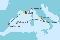 Visitando Valencia, Palma de Mallorca (España), Nápoles (Italia), Civitavecchia (Roma), Savona (Italia), Toulon (Francia), Valencia