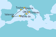 Visitando Valencia, Palma de Mallorca (España), Olbia (Cerdeña), Civitavecchia (Roma), Savona (Italia), Toulon (Francia), Valencia