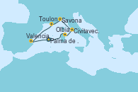Visitando Palma de Mallorca (España), Olbia (Cerdeña), Civitavecchia (Roma), Savona (Italia), Toulon (Francia), Valencia, Palma de Mallorca (España)