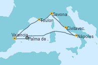 Visitando Palma de Mallorca (España), Nápoles (Italia), Civitavecchia (Roma), Savona (Italia), Toulon (Francia), Valencia, Palma de Mallorca (España)