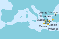 Visitando Atenas (Grecia), Gythion (Grecia), Chania (Creta/Grecia), Mykonos (Grecia), Cesme (Turquía), Kusadasi (Efeso/Turquía), Estambul (Turquía)
