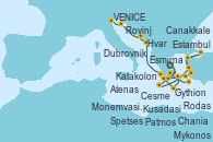 Visitando Atenas (Grecia), Gythion (Grecia), Chania (Creta/Grecia), Mykonos (Grecia), Cesme (Turquía), Kusadasi (Efeso/Turquía), Estambul (Turquía), Canakkale (Turquía), Esmirna (Turquía), Patmos (Grecia), Rodas (Grecia), Spetses (Grecia), Atenas (Grecia), Monemvasia (Grecia), Katakolon (Olimpia/Grecia), Dubrovnik (Croacia), Hvar (Croacia), Rovinj (Croacia), VENICE (FUSINA) - ITALY