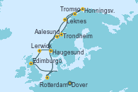 Visitando Dover (Inglaterra), Rotterdam (Holanda), Aalesund (Noruega), Trondheim (Noruega), Honningsvag (Noruega), Tromso (Noruega), Leknes (Noruega), Haugesund (Noruega), Lerwick (Escocia), Edimburgo (Escocia), Dover (Inglaterra)