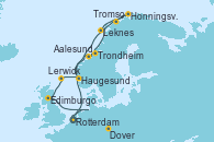 Visitando Rotterdam (Holanda), Aalesund (Noruega), Trondheim (Noruega), Honningsvag (Noruega), Tromso (Noruega), Leknes (Noruega), Haugesund (Noruega), Lerwick (Escocia), Edimburgo (Escocia), Dover (Inglaterra), Rotterdam (Holanda)