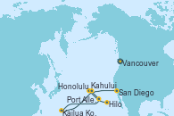 Visitando Vancouver (Canadá), Hilo (Hawai), Kahului (Hawai/EEUU), Honolulu (Hawai), Honolulu (Hawai), Kailua Kona (Hawai/EEUU), Port Allen, Kauai, Hawaiian, San Diego (California/EEUU)