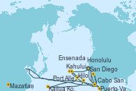 Visitando San Diego (California/EEUU), Cabo San Lucas (México), Mazatlan (México), Puerto Vallarta (México), San Diego (California/EEUU), Kahului (Hawai/EEUU), Hilo (Hawai), Kailua Kona (Hawai/EEUU), Honolulu (Hawai), Port Allen, Kauai, Hawaiian, Ensenada (México), San Diego (California/EEUU)