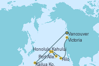 Visitando Vancouver (Canadá), Kailua Kona (Hawai/EEUU), Kahului (Hawai/EEUU), Honolulu (Hawai), Honolulu (Hawai), Port Allen, Kauai, Hawaiian, Hilo (Hawai), Victoria (Canadá), Vancouver (Canadá)