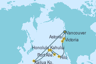 Visitando Vancouver (Canadá), Kailua Kona (Hawai/EEUU), Kahului (Hawai/EEUU), Honolulu (Hawai), Honolulu (Hawai), Port Allen, Kauai, Hawaiian, Hilo (Hawai), Victoria (Canadá), Vancouver (Canadá), Astoria  (Oregón), Victoria (Canadá), Vancouver (Canadá)