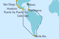 Visitando Miami (Florida/EEUU), Cartagena de Indias (Colombia), Punta Arenas (Chile), Puerto Quetzal (Guatemala), Huatulco (México), Puerto Vallarta (México), Cabo San Lucas (México), San Diego (California/EEUU)