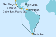 Visitando Fort Lauderdale (Florida/EEUU), Cartagena de Indias (Colombia), Punta Arenas (Chile), Puerto Quetzal (Guatemala), Puerto Vallarta (México), Cabo San Lucas (México), San Diego (California/EEUU)