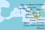 Visitando Dubrovnik (Croacia), Kotor (Montenegro), Gallipoli (Italia), Sarande (Albania), Zakinthos (Grecia), Nafplion (Grecia), Atenas (Grecia), Gythion (Grecia), Chania (Creta/Grecia), Mykonos (Grecia), Cesme (Turquía), Kusadasi (Efeso/Turquía), Estambul (Turquía), Canakkale (Turquía), Esmirna (Turquía), Patmos (Grecia), Rodas (Grecia), Spetses (Grecia), Atenas (Grecia)