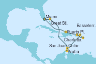 Visitando Miami (Florida/EEUU), Great Stirrup Cay (Bahamas), Aruba (Antillas), Colón, Charlotte Amalie (St. Thomas), Basseterre (Antillas), San Juan (Puerto Rico), Puerto Plata, Republica Dominicana, Miami (Florida/EEUU)