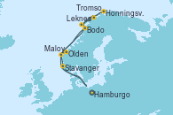 Visitando Hamburgo (Alemania), Maloy (Noruega), Tromso (Noruega), Honningsvag (Noruega), Leknes (Noruega), Bodo (Noruega), Olden (Noruega), Stavanger (Noruega), Hamburgo (Alemania)