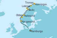 Visitando Hamburgo (Alemania), Aalesund (Noruega), Tromso (Noruega), Honningsvag (Noruega), Leknes (Noruega), Leknes (Noruega), Bodo (Noruega), Olden (Noruega), Haugesund (Noruega), Hamburgo (Alemania)