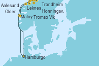 Visitando Hamburgo (Alemania), Maloy (Noruega), Leknes (Noruega), Honningsvag (Noruega), Tromso (Noruega), Trondheim (Noruega), Aalesund (Noruega), Olden (Noruega), Vik (Noruega), Hamburgo (Alemania)