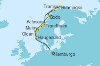 Visitando Hamburgo (Alemania), Maloy (Noruega), Bodo (Noruega), Honningsvag (Noruega), Tromso (Noruega), Trondheim (Noruega), Aalesund (Noruega), Olden (Noruega), Haugesund (Noruega), Hamburgo (Alemania)