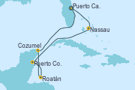Visitando Puerto Cañaveral (Florida), Nassau (Bahamas), Puerto Costa Maya (México), Roatán (Honduras), Cozumel (México), Puerto Cañaveral (Florida)