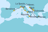 Visitando Atenas (Grecia), Dubrovnik (Croacia), Split (Croacia), Kotor (Montenegro), Messina (Sicilia), Nápoles (Italia), Civitavecchia (Roma), La Spezia, Florencia y Pisa (Italia), Niza (Francia), Barcelona