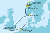 Visitando Southampton (Inglaterra), Zeebrugge (Bruselas), Flam (Noruega), Geiranger (Noruega), Aalesund (Noruega), Kristiansand (Noruega), Southampton (Inglaterra)
