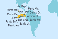 Visitando Baltra (Galápagos), Bahía Gardner (Isla Española/Galápagos), Punta Suárez (Galápagos/Ecuador), Cormorant Point (Floreana/Galápagos/Ecuador), Bahía Post Office (Floreana), Punta Moreno (Isla Isabela/Galápagos/Ecuador), Bahía Urbina (Galápagos), Punta Espinoza (Galápagos/Ecuador), Punta Vicente Roca (Isla Isabela/Galápagos/Ecuador, Isla Plaza Sur (Galápagos/Ecuador), Isla Daphne (Galápagos), Colina Dragón (Santa Cruz), Puerto Ayora (Galápagos/Ecuador), Baltra (Galápagos)