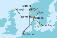 Visitando Rotterdam (Holanda), Kristiansand (Noruega), Eidfjord (Hardangerfjord/Noruega), Bergen (Noruega), Kirkwall (Escocia), Rotterdam (Holanda), Stavanger (Noruega), Oslo (Noruega), Copenhague (Dinamarca), Rotterdam (Holanda)