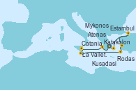 Visitando Atenas (Grecia), Katakolon (Olimpia/Grecia), Catania (Sicilia), La Valletta (Malta), La Valletta (Malta), Rodas (Grecia), Kusadasi (Efeso/Turquía), Estambul (Turquía), Estambul (Turquía), Mykonos (Grecia), Atenas (Grecia)