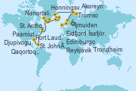 Visitando Ijmuiden (Ámsterdam), Edimburgo (Escocia), Eidfjord (Hardangerfjord/Noruega), Trondheim (Noruega), Tromso (Noruega), Honningsvag (Noruega), Djupivogur (Islandia), Akureyri (Islandia), Ísafjörður (Islandia), Reykjavik (Islandia), Reykjavik (Islandia), Nanortalik (Groenlandia), Qaqortoq, Greeland, Paamiut (Groenlandia), St. Anthony (Canadá), St. John´s (Antigua y Barbuda), San Pedro y Miquelón (Francia), Halifax (Canadá), Bar Harbor (Maine), Boston (Massachusetts), Fort Lauderdale (Florida/EEUU)