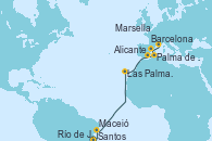 Visitando Santos (Brasil), Río de Janeiro (Brasil), Maceió (Brasil), Las Palmas de Gran Canaria (España), Alicante (España), Palma de Mallorca (España), Barcelona, Marsella (Francia)