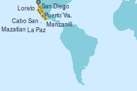 Visitando San Diego (California/EEUU), Cabo San Lucas (México), Loreto (México), La Paz (México), Mazatlan (México), Puerto Vallarta (México), Manzanillo (México), San Diego (California/EEUU)