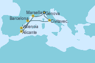 Visitando Génova (Italia), Marsella (Francia), Alicante (España), Valencia, Barcelona, Civitavecchia (Roma), Génova (Italia)