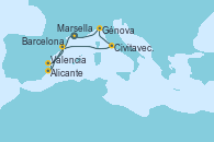 Visitando Marsella (Francia), Alicante (España), Valencia, Barcelona, Civitavecchia (Roma), Génova (Italia), Marsella (Francia)