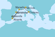 Visitando Valencia, Barcelona, Civitavecchia (Roma), Génova (Italia), Marsella (Francia), Alicante (España), Valencia
