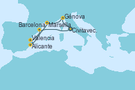 Visitando Civitavecchia (Roma), Génova (Italia), Marsella (Francia), Alicante (España), Valencia, Barcelona, Civitavecchia (Roma)