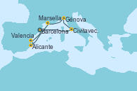 Visitando Barcelona, Civitavecchia (Roma), Génova (Italia), Marsella (Francia), Alicante (España), Valencia, Barcelona