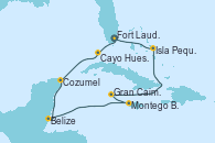 Visitando Fort Lauderdale (Florida/EEUU), Cayo Hueso (Key West/Florida), Cozumel (México), Belize (Caribe), Montego Bay (Jamaica), Gran Caimán (Islas Caimán), Isla Pequeña (San Salvador/Bahamas), Fort Lauderdale (Florida/EEUU)