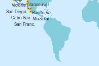 Visitando Vancouver (Canadá), Victoria (Canadá), San Francisco (California/EEUU), San Francisco (California/EEUU), San Diego (California/EEUU), Cabo San Lucas (México), Puerto Vallarta (México), Mazatlan (México), San Diego (California/EEUU)