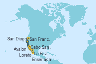 Visitando San Diego (California/EEUU), Cabo San Lucas (México), La Paz (México), Loreto (México), San Diego (California/EEUU), Avalon (California/EEUU), San Francisco (California/EEUU), San Francisco (California/EEUU), Ensenada (México), San Diego (California/EEUU)