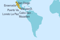 Visitando San Diego (California/EEUU), Cabo San Lucas (México), La Paz (México), Loreto (México), Mazatlan (México), Puerto Vallarta (México), Manzanillo (México), Ensenada (México), San Diego (California/EEUU)